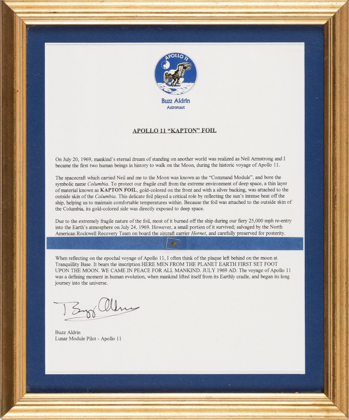 Apollo 11 Flown Kapton Foil Segment on Letter of Authenticity Signed by Buzz Aldrin, in Framed Display