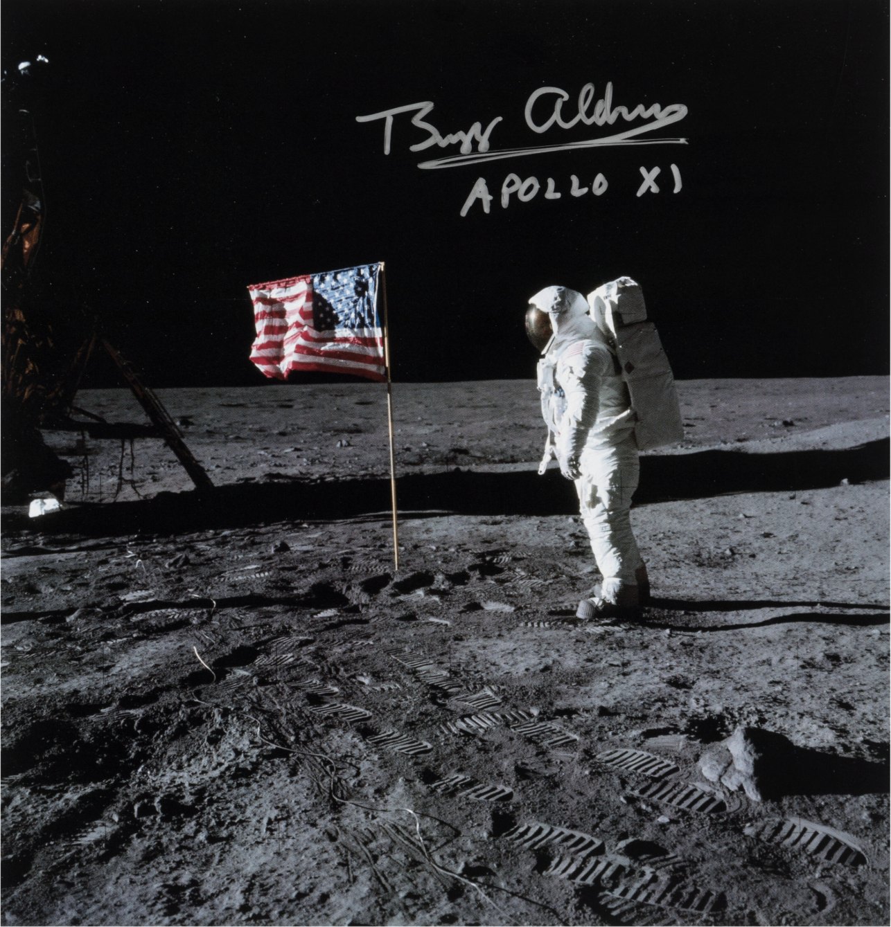 Buzz Aldrin Signed Apollo 11 Lunar Surface American Flag Photo Originally from His Personal Collection, with Certificate of Authenticity