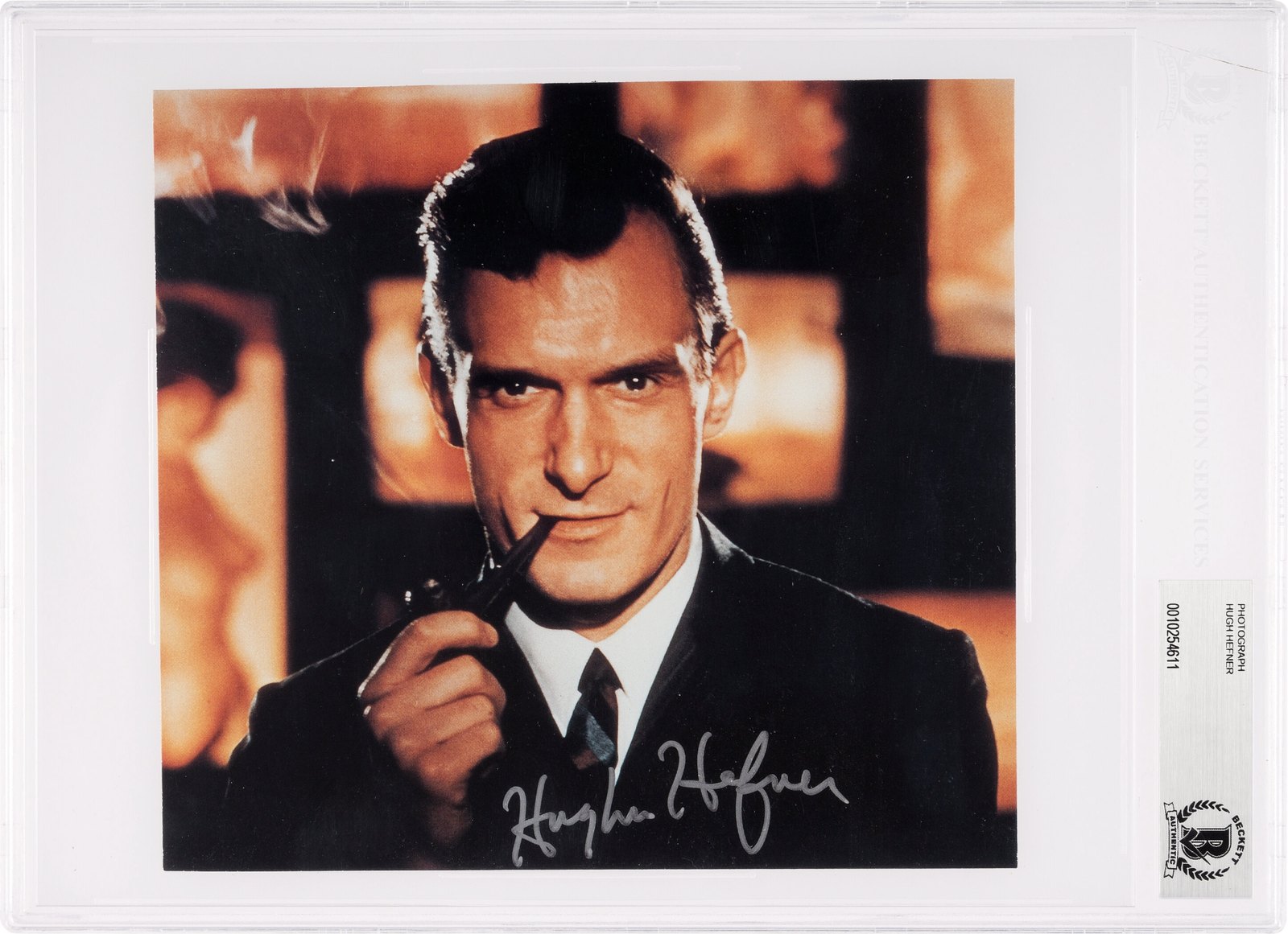 Hugh Hefner Signed Color Photo Encased and Graded 10 By Beckett